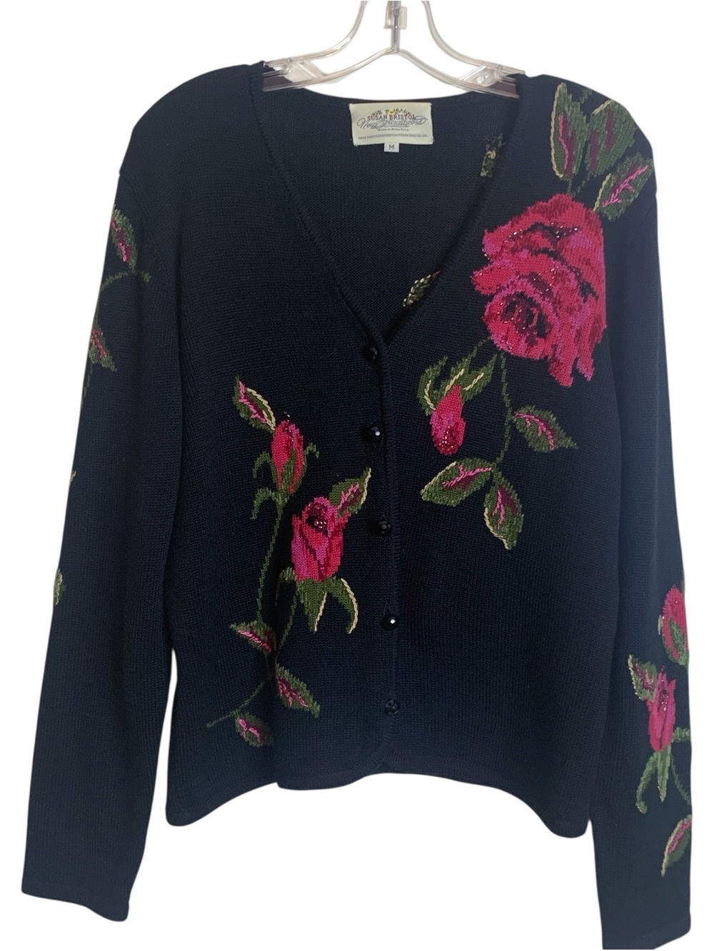 Vintage Susan Bristol 1996 Floral Embroidered Cardigan Sweater M Rose Black 90s